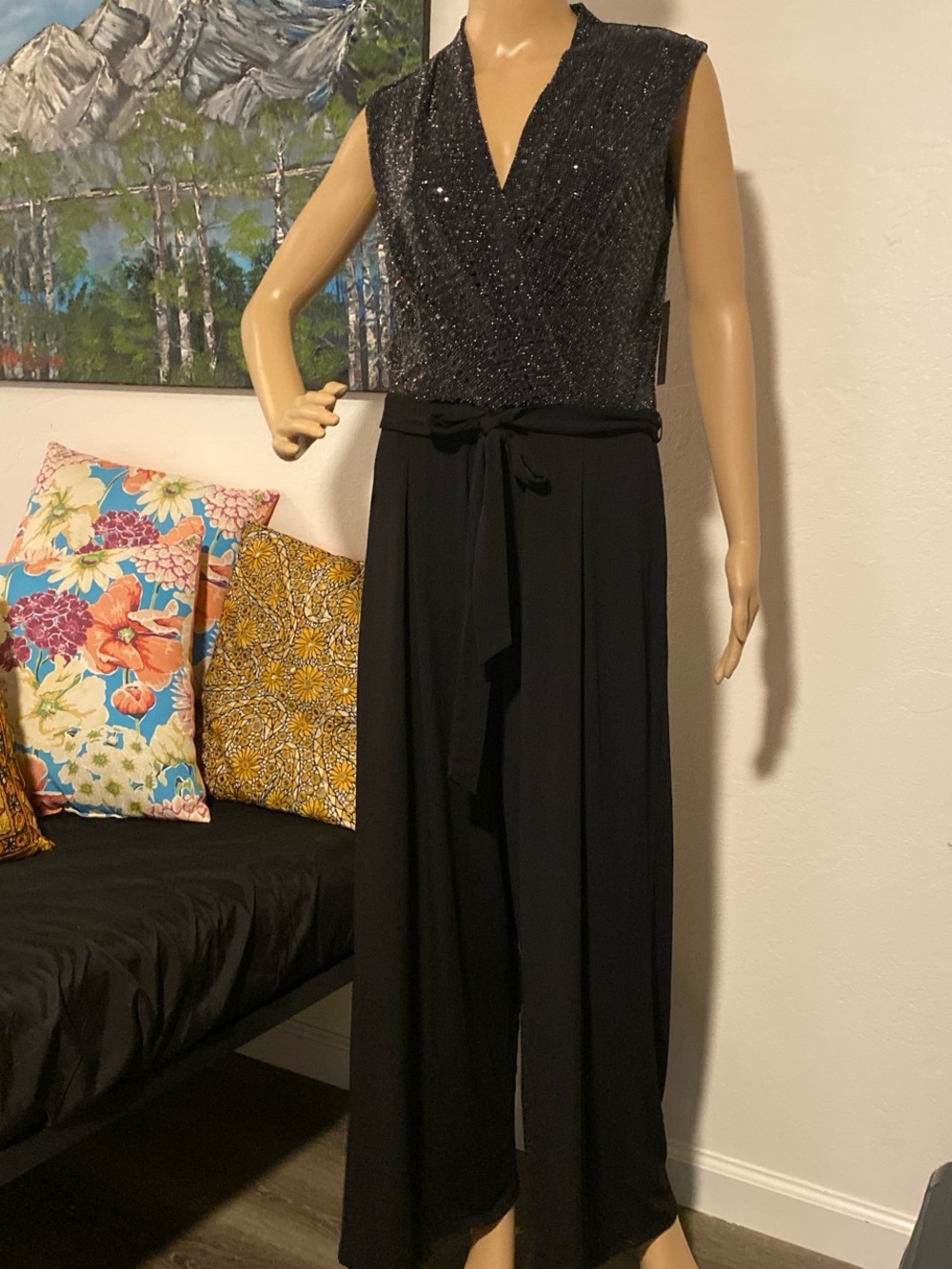 Sleeveless Black Sparkle V-Neck Jumpsuit with Tie Waist
